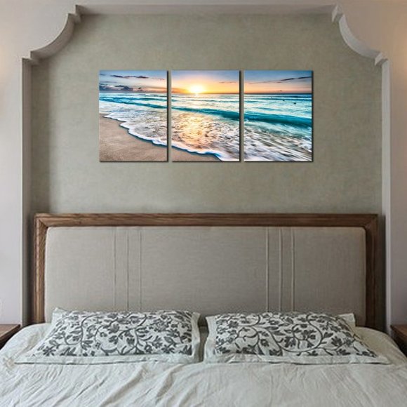 3 Piece Canvas Prints Wall Art Blue Beach Sunrise - Picture 2 of 2